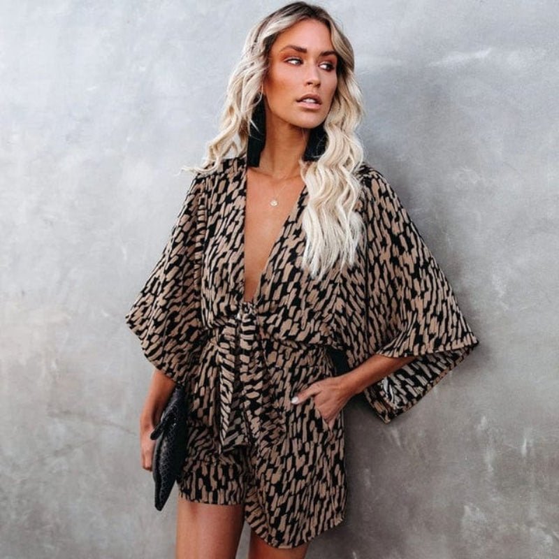 Women’s Printed Tie - Front Short Jumpsuit with Relaxed Fit