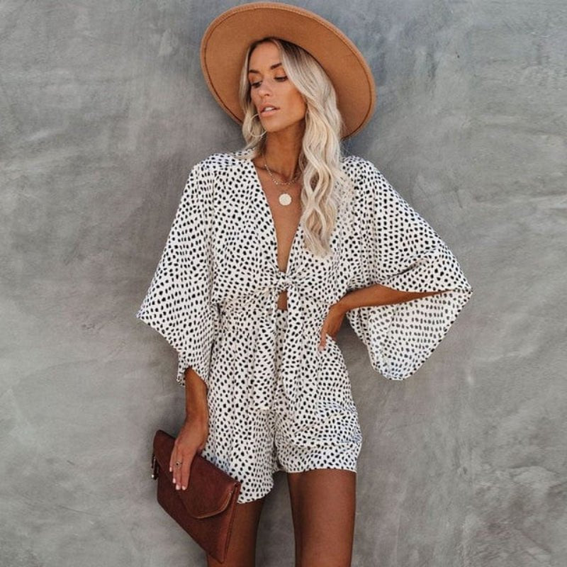 Women’s Printed Tie - Front Short Jumpsuit with Relaxed Fit