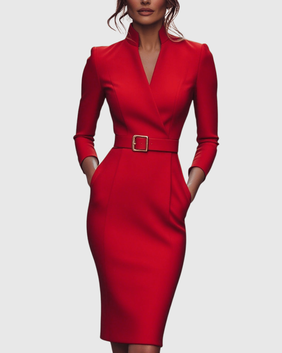 Women’s Refined Belted Midi Dress with Tailored Silhouette for Elegant Occasions