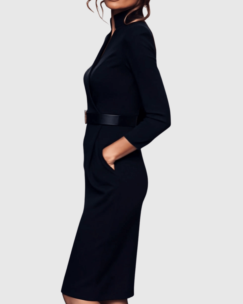 Women’s Refined Belted Midi Dress with Tailored Silhouette for Elegant Occasions