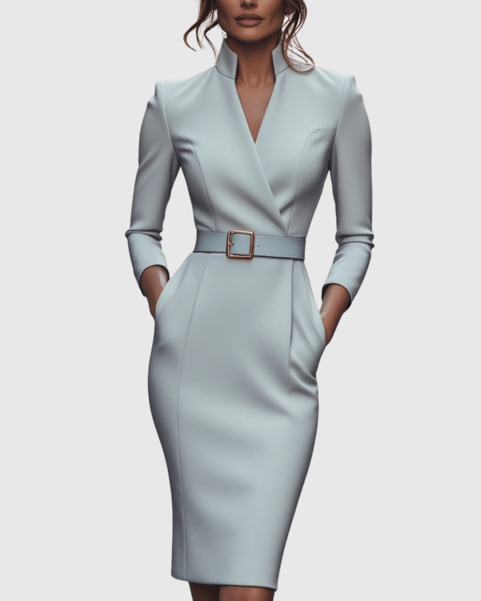 Women’s Refined Belted Midi Dress with Tailored Silhouette for Elegant Occasions