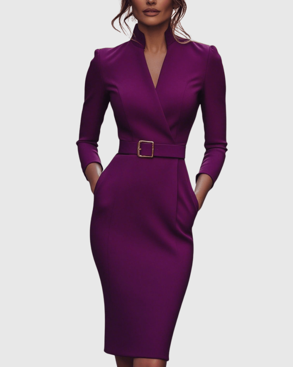 Women’s Refined Belted Midi Dress with Tailored Silhouette for Elegant Occasions