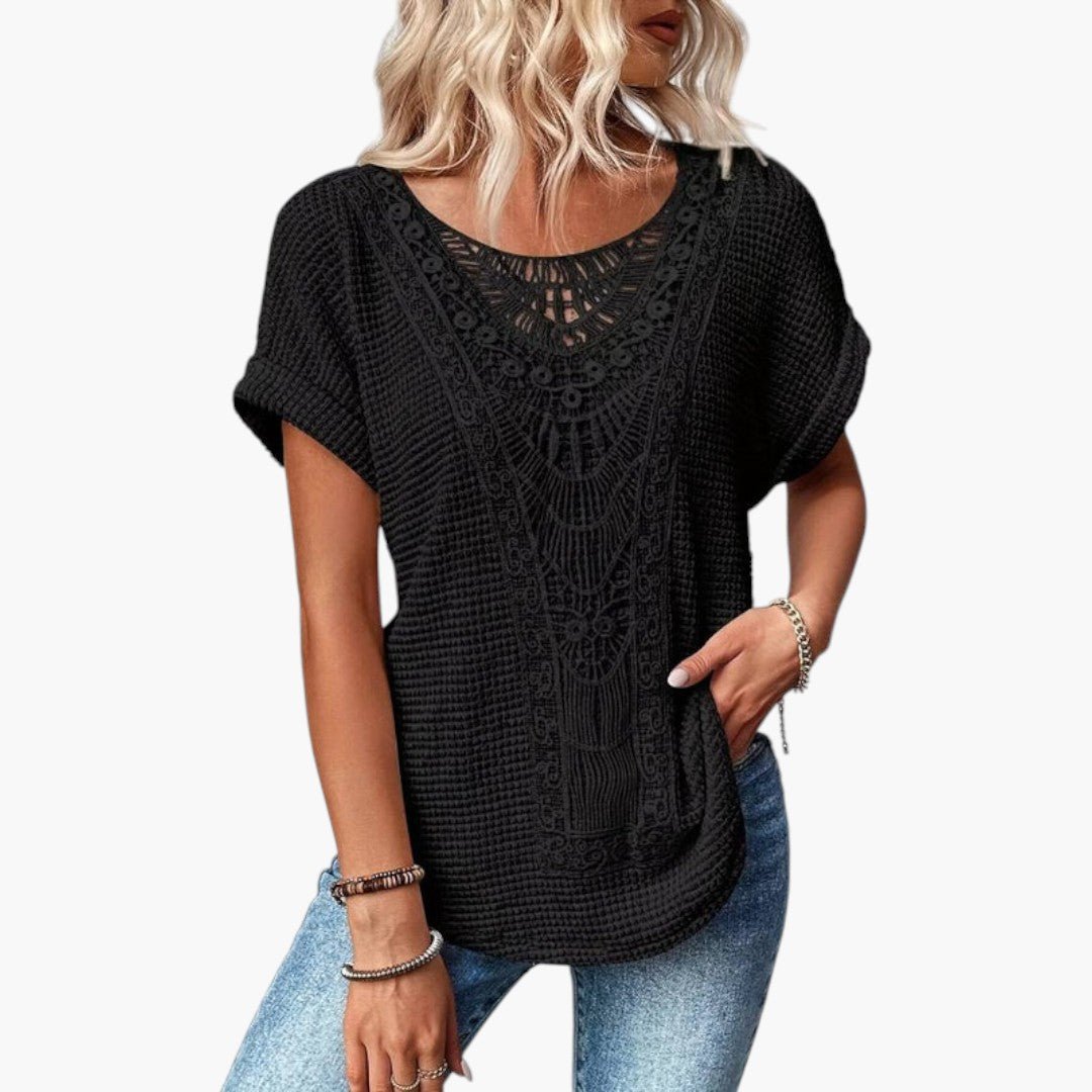 Women’s Round Neck T-Shirt with Elegant Lace Panel Detail
