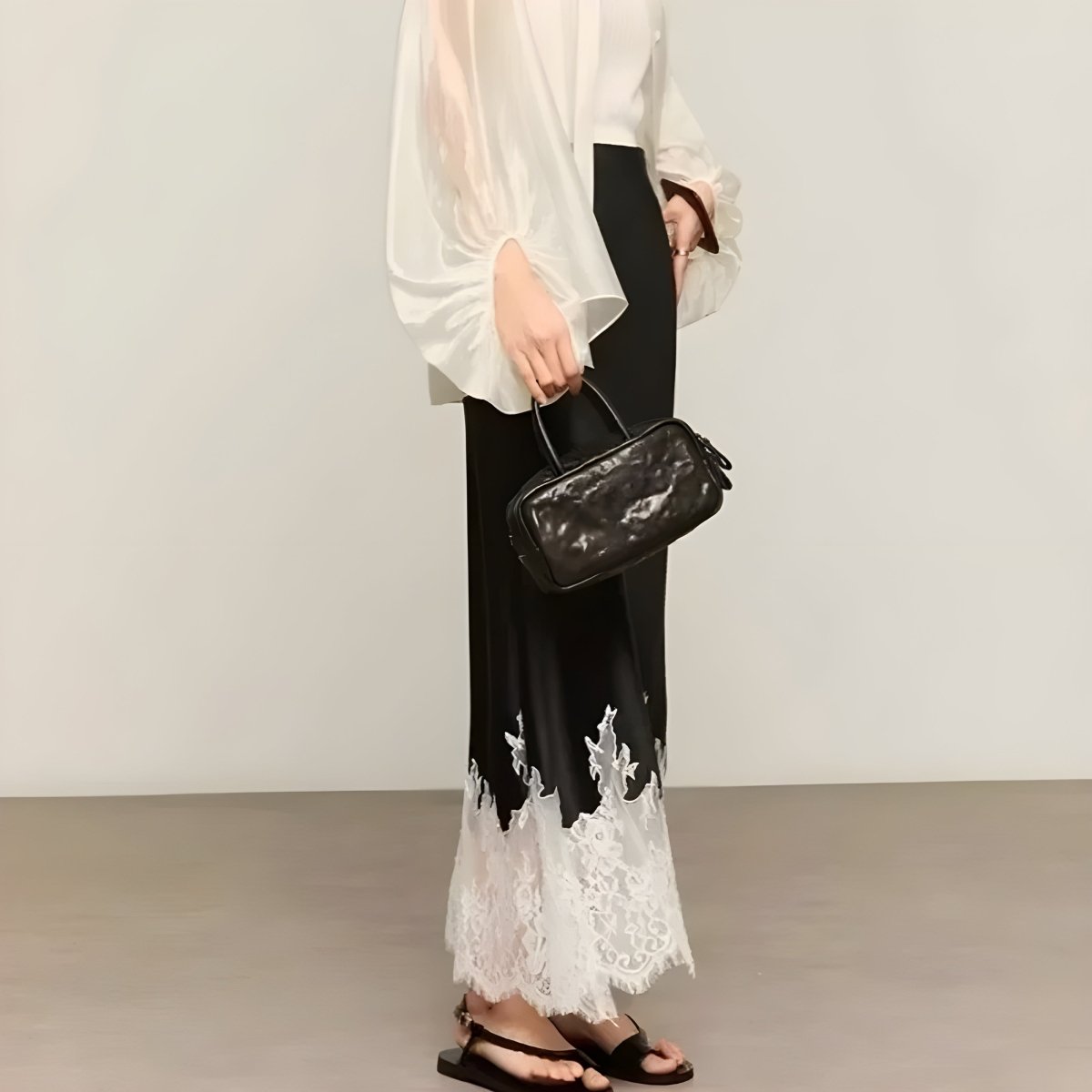 Women’s Satin Midi Skirt with Lace - Trim Hem