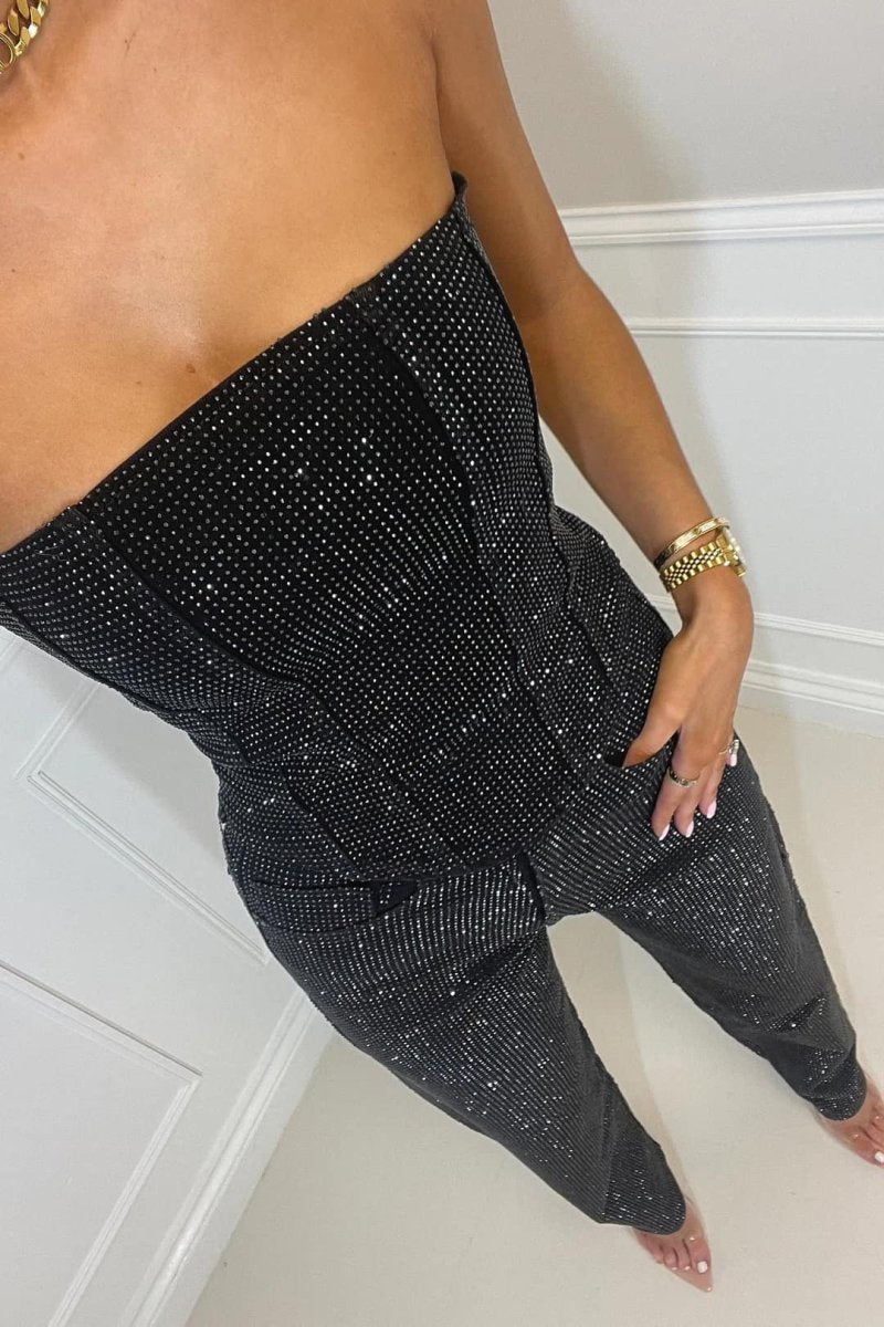 Women's Sequin Strapless Top Wide Leg Pants Going Out Set