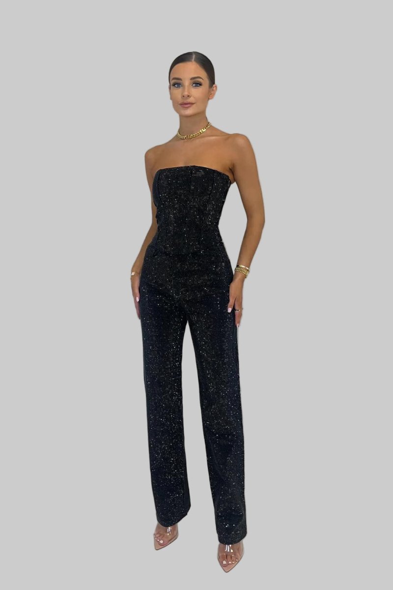 Women's Sequin Strapless Top Wide Leg Pants Going Out Set