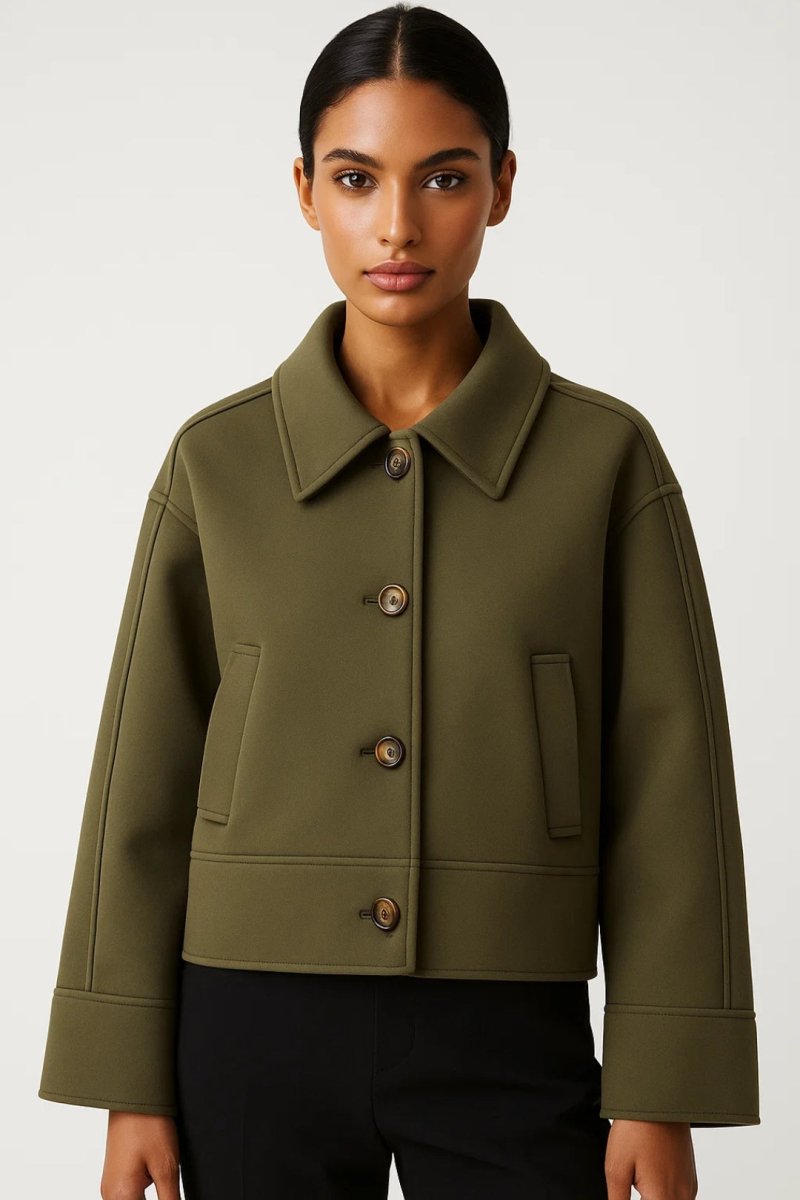 Women’s Short Minimalist Jacket – Structured Button - Up Design, Lined and Warm