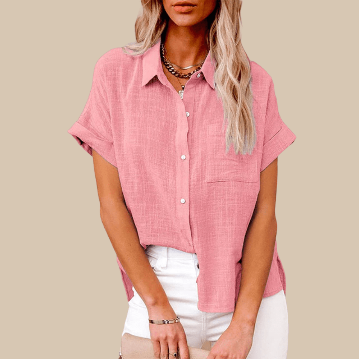 Women’s Short Sleeve Button - Up Shirt with Collared Neckline and Rolled Cuffs