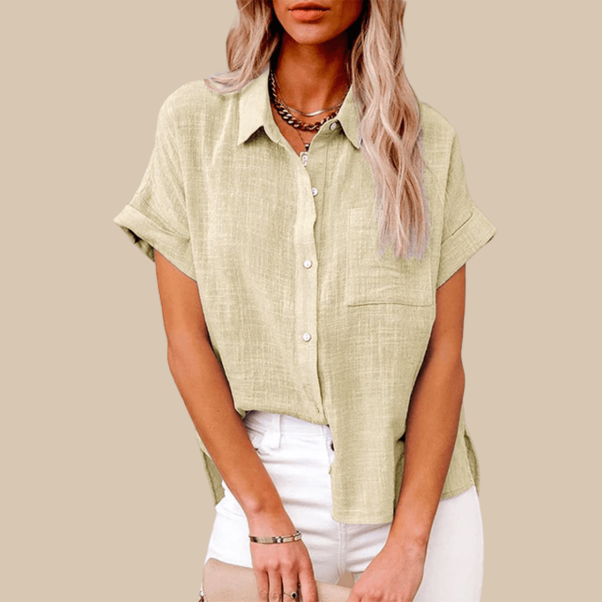 Women’s Short Sleeve Button - Up Shirt with Collared Neckline and Rolled Cuffs