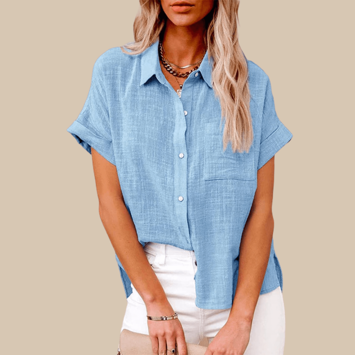 Women’s Short Sleeve Button - Up Shirt with Collared Neckline and Rolled Cuffs