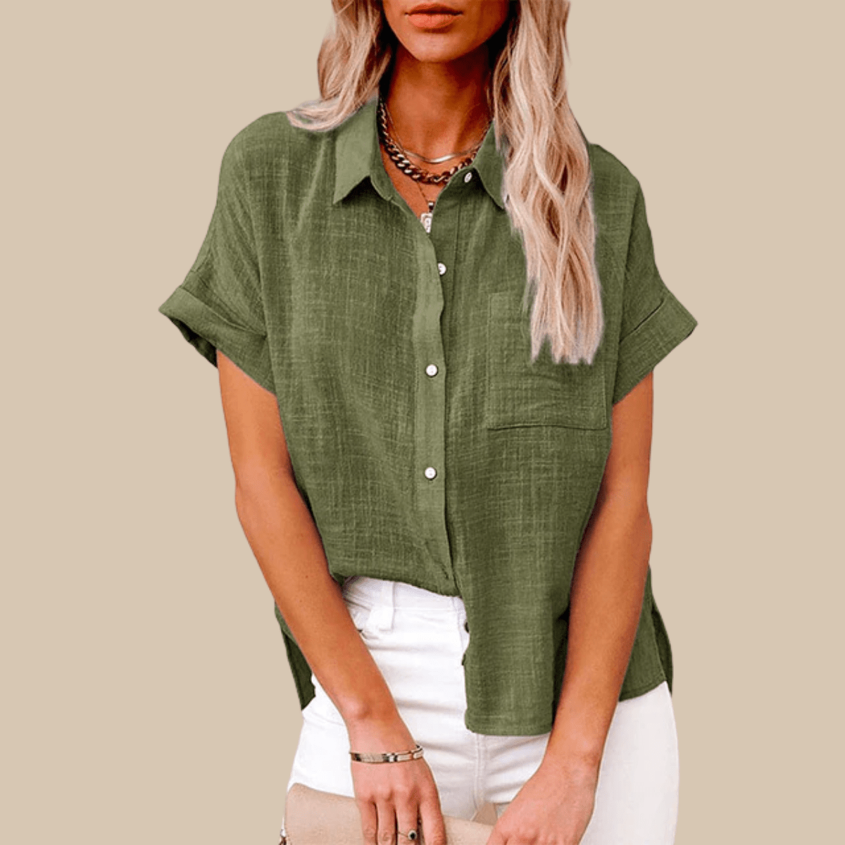 Women’s Short Sleeve Button - Up Shirt with Collared Neckline and Rolled Cuffs