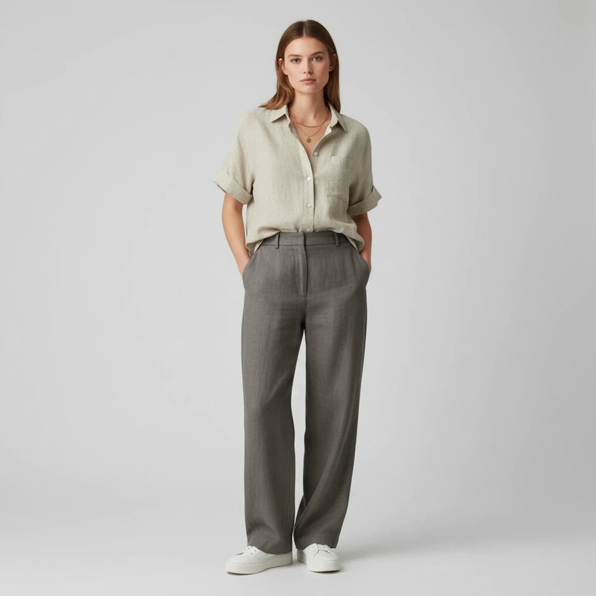 Women’s Short Sleeve Button - Up Shirt with Collared Neckline and Rolled Cuffs