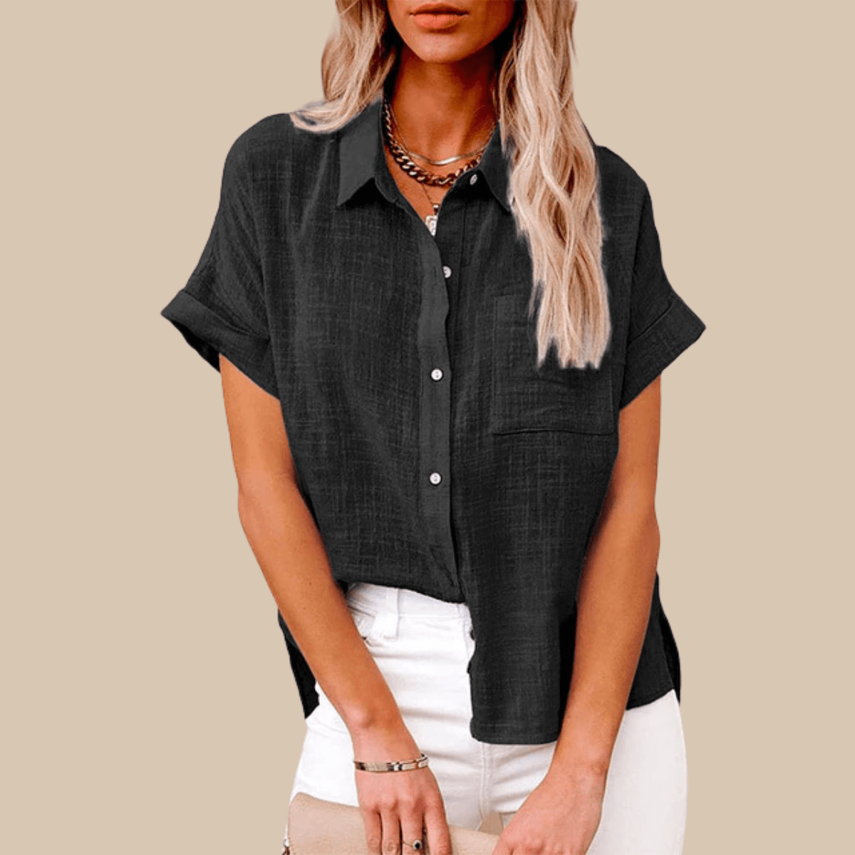 Women’s Short Sleeve Button - Up Shirt with Collared Neckline and Rolled Cuffs
