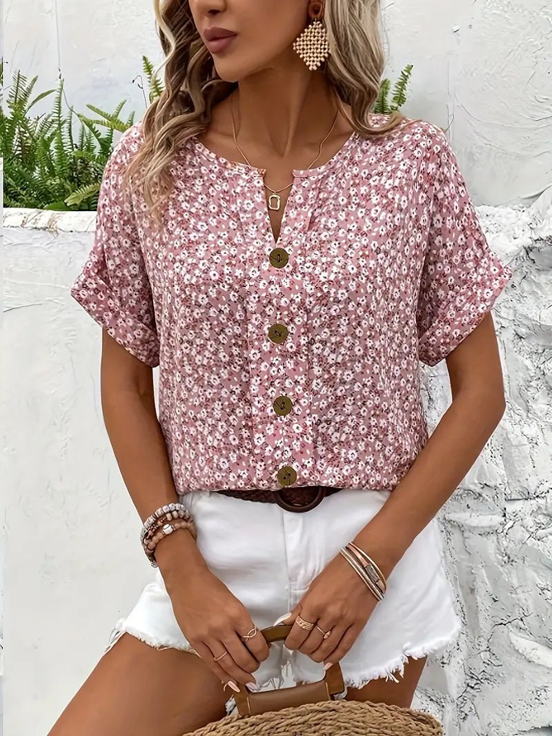 Women’s Short Sleeve Floral Blouse with Round Neck and Button Front