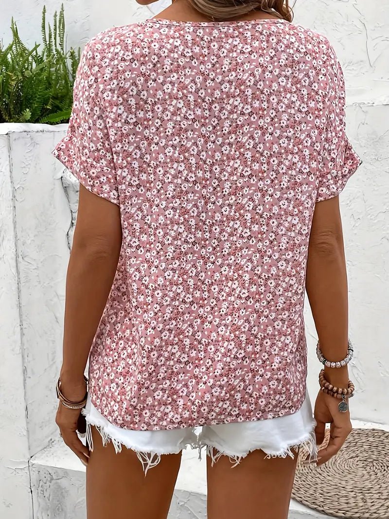 Women’s Short Sleeve Floral Blouse with Round Neck and Button Front