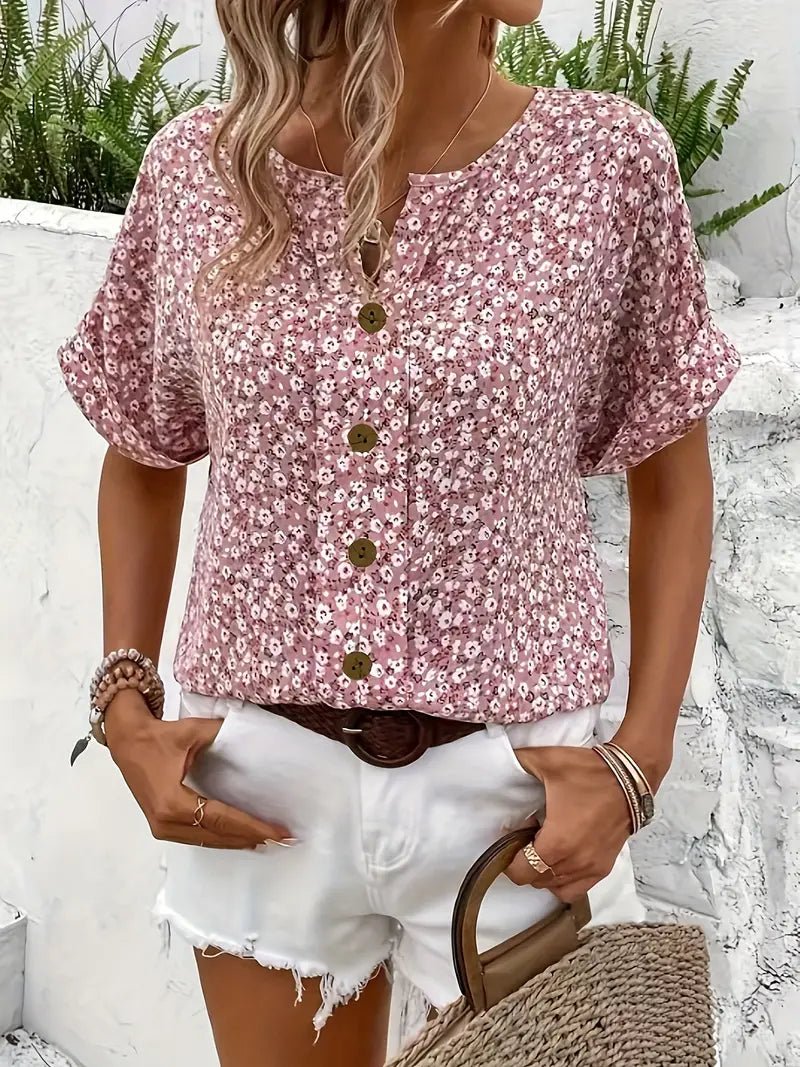 Women’s Short Sleeve Floral Blouse with Round Neck and Button Front