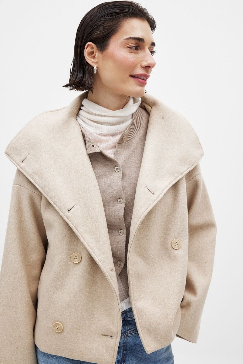 Women’s Short Wool Jacket – Double - Breasted Front with Oversized Collar