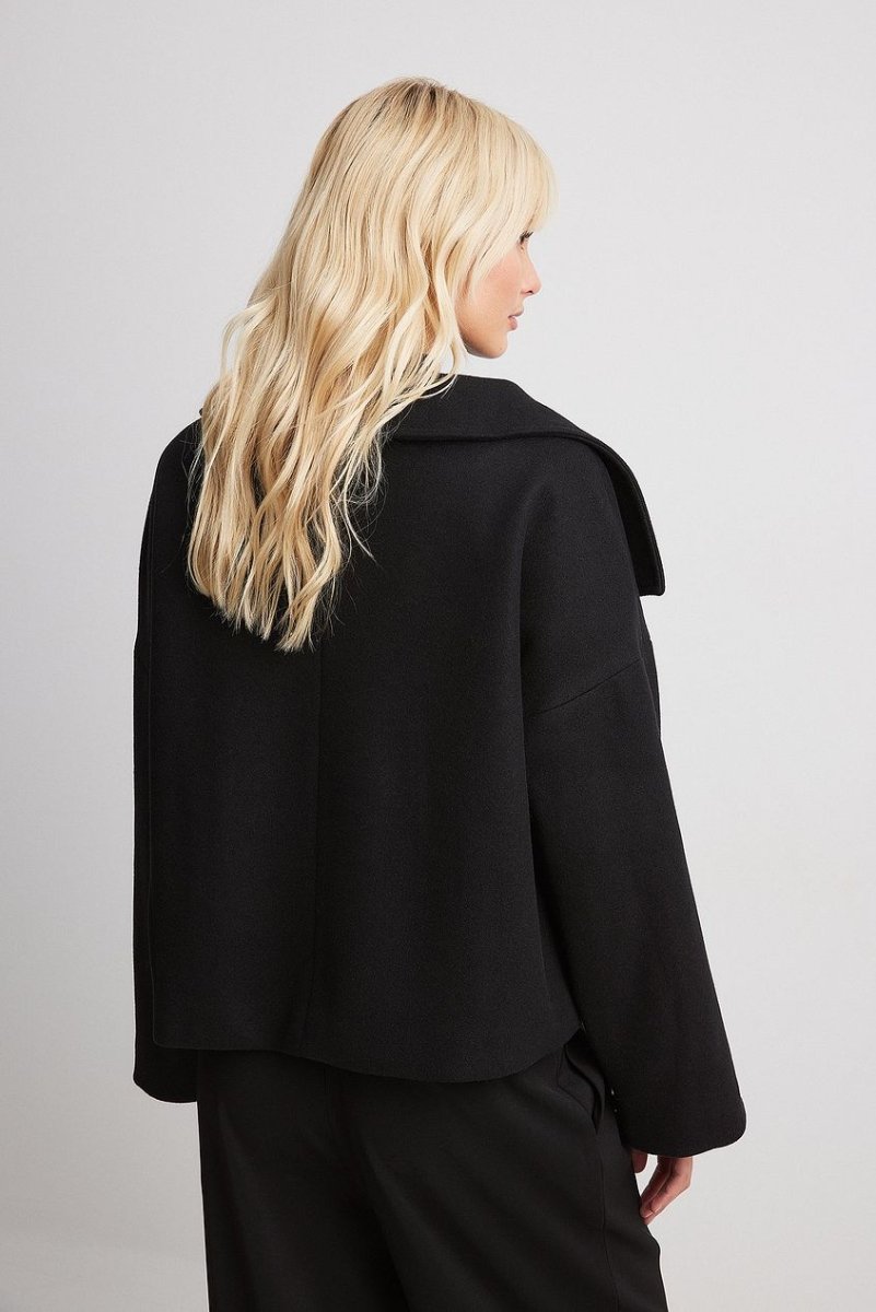 Women’s Short Wool Jacket – Double - Breasted Front with Oversized Collar