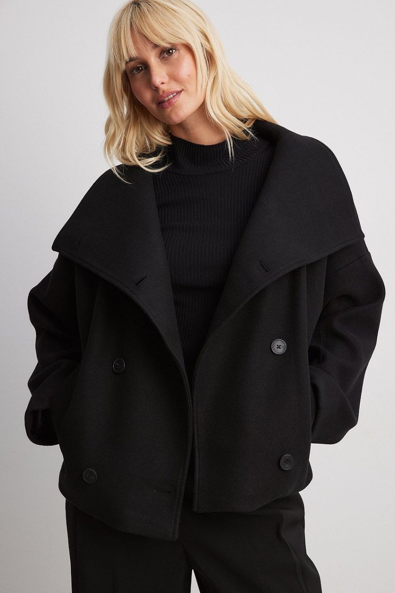 Women’s Short Wool Jacket – Double - Breasted Front with Oversized Collar