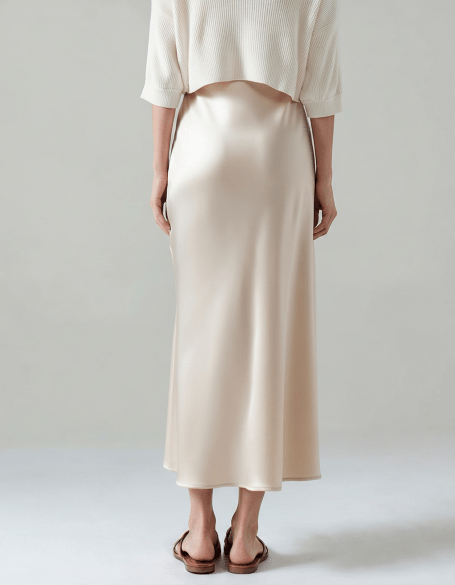 Women’s Silk Solid Midi Skirt with Elastic Waistband