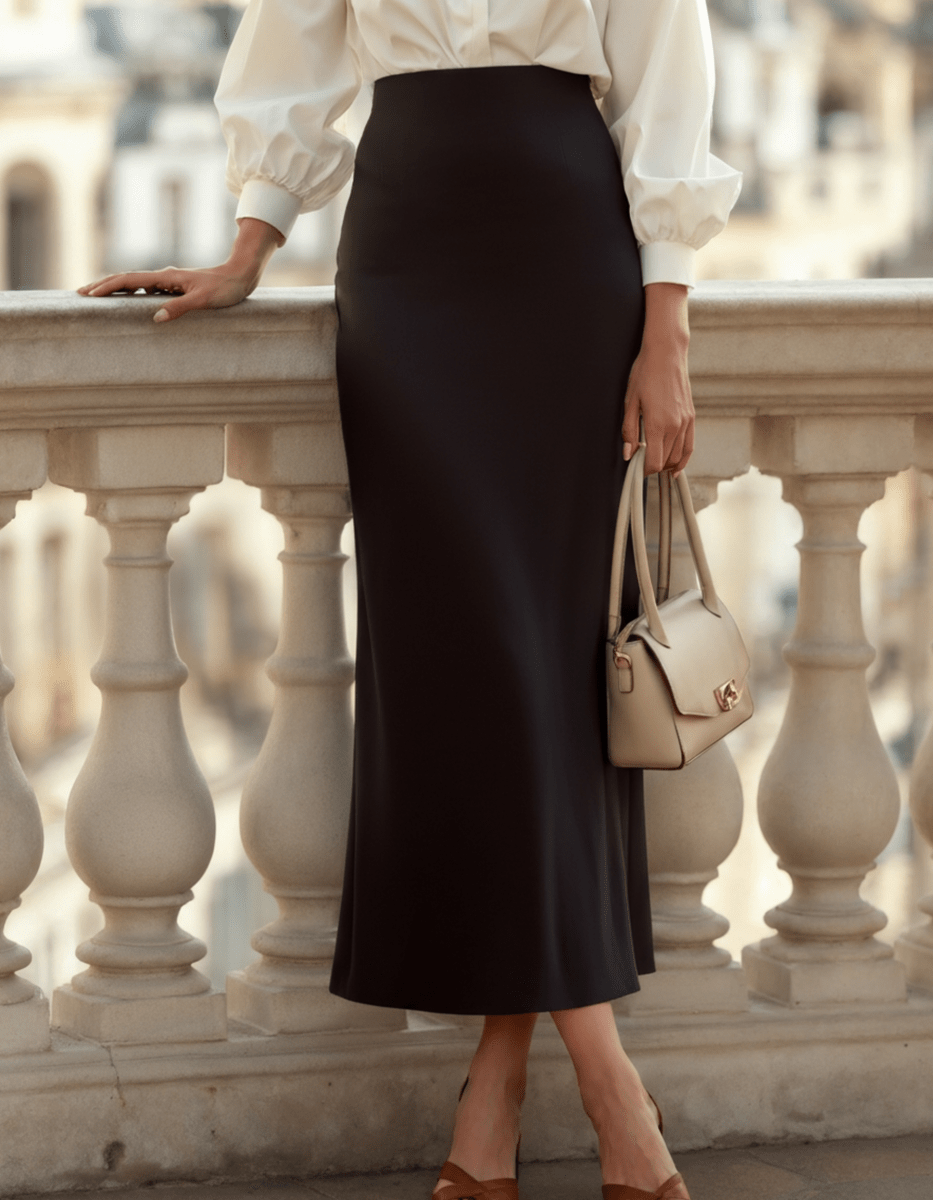 Women’s Silk Solid Midi Skirt with Elastic Waistband