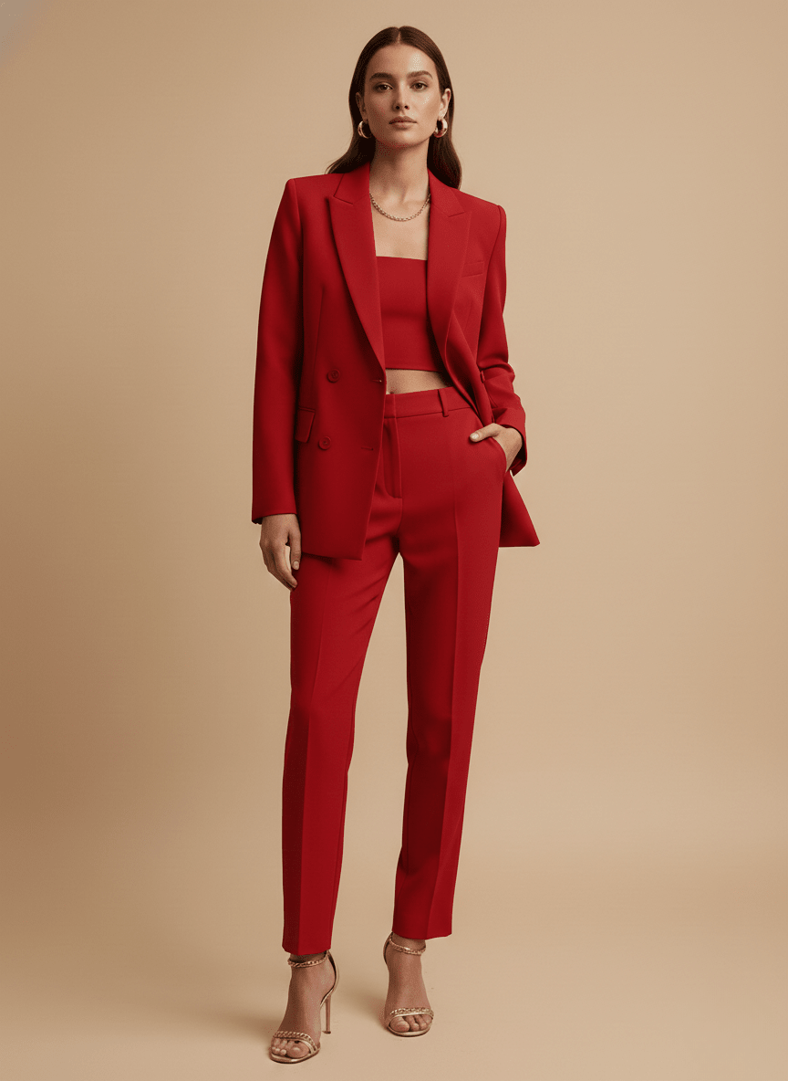 Women’s Single - Breasted Pants Suit with Longline Blazer and Straight - Leg Trousers