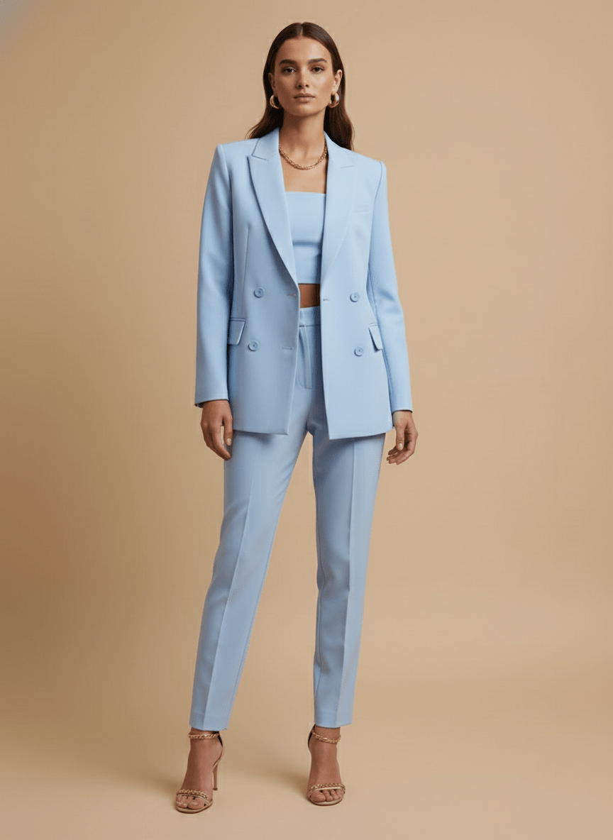 Women’s Single - Breasted Pants Suit with Longline Blazer and Straight - Leg Trousers