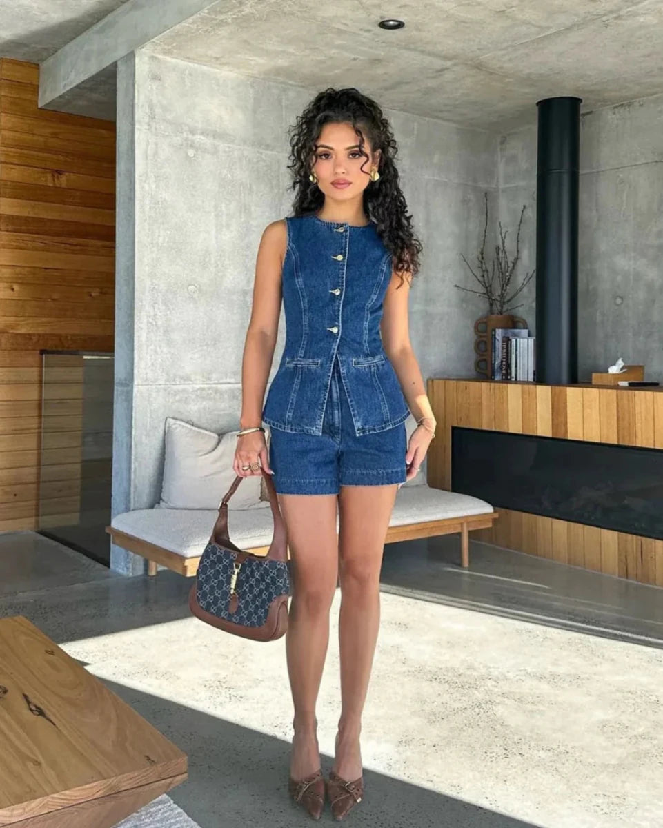 Women’s Sleeveless Denim Two - Piece Set with Button - Front Top and Shorts
