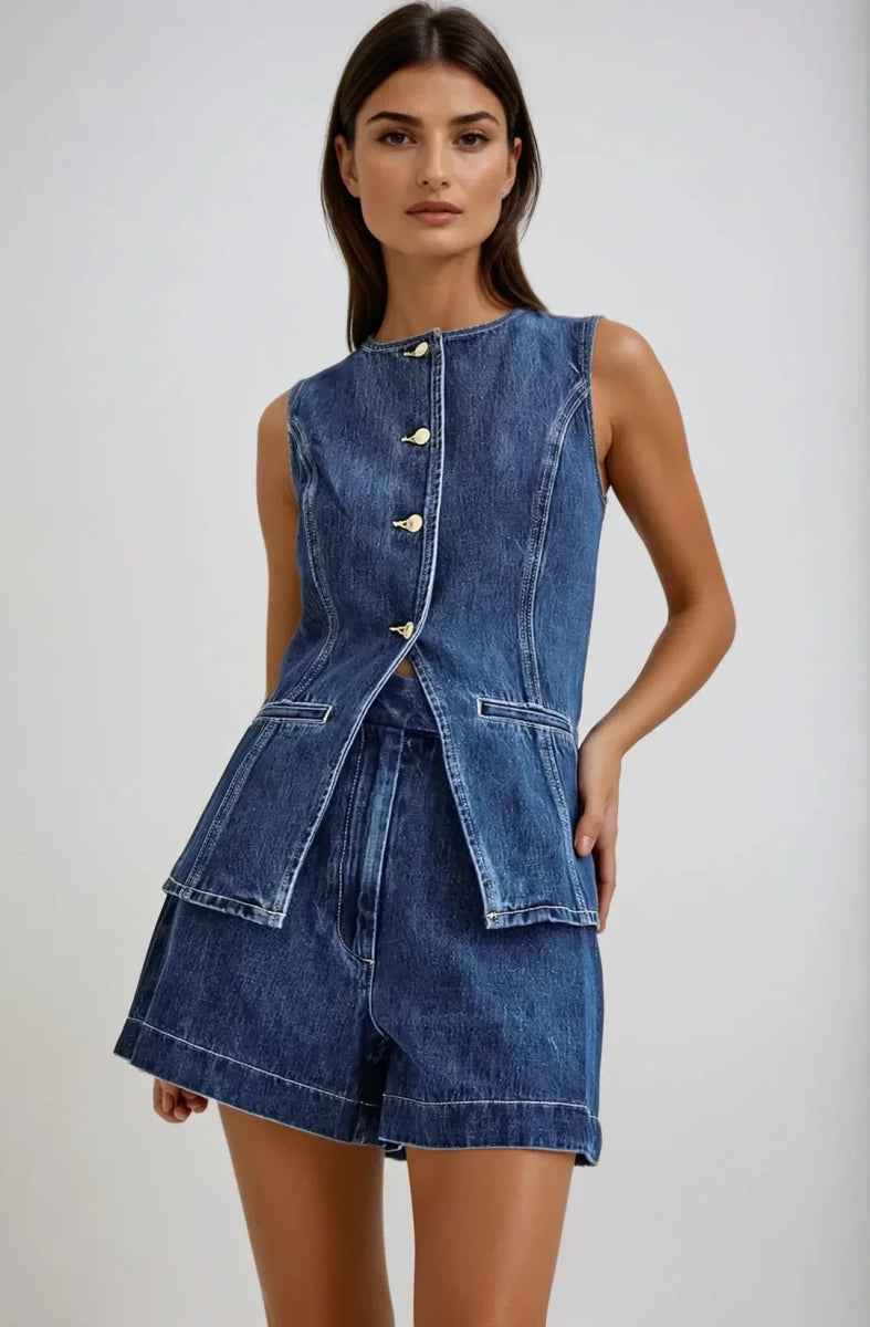 Women’s Sleeveless Denim Two - Piece Set with Button - Front Top and Shorts