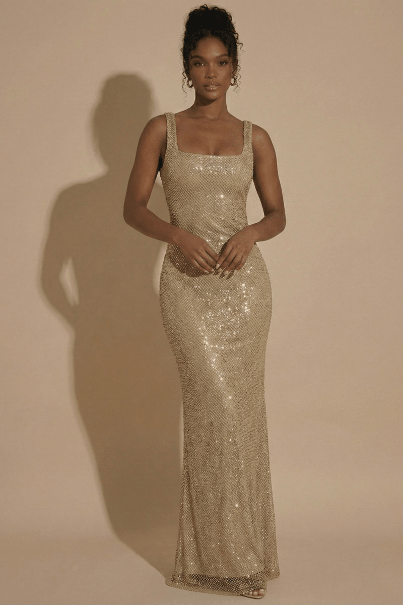 Women’s Sleeveless Maxi Dress with Square Neckline, Open Back, and All - Over Embellishment