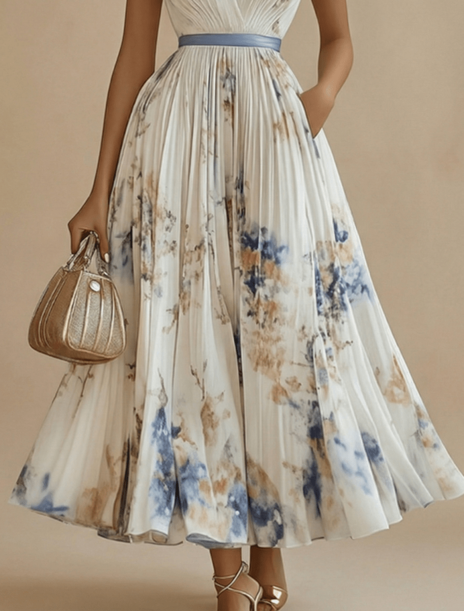 Women’s Sleeveless Pleated Maxi Dress with V - Neck and Defined Waist