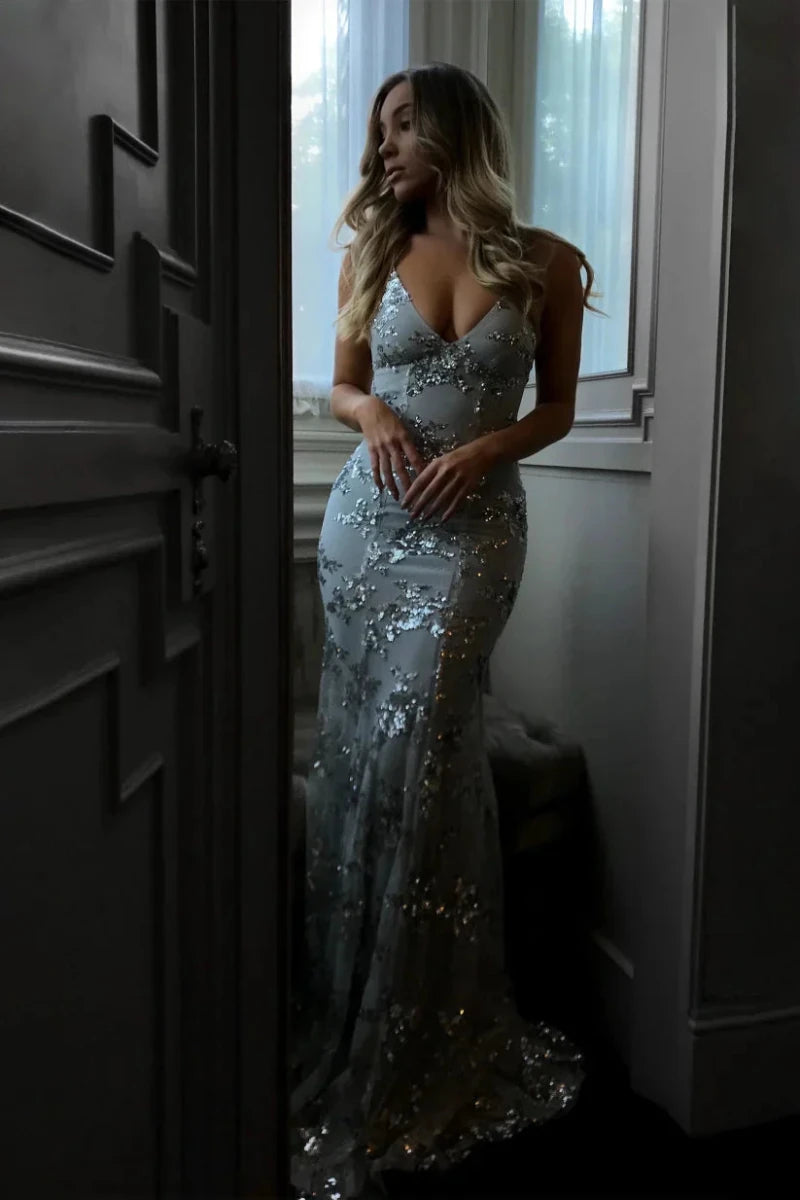 Women’s Sleeveless Sequin Maxi Dress with V - Neck and Crisscross Open Back