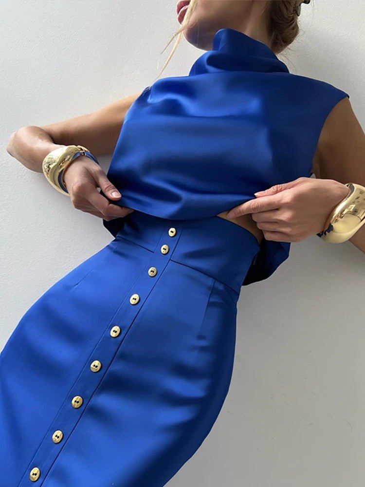 Women’s Sleeveless Two - Piece Set with High - Neck Top and Button - Front Maxi Skirt