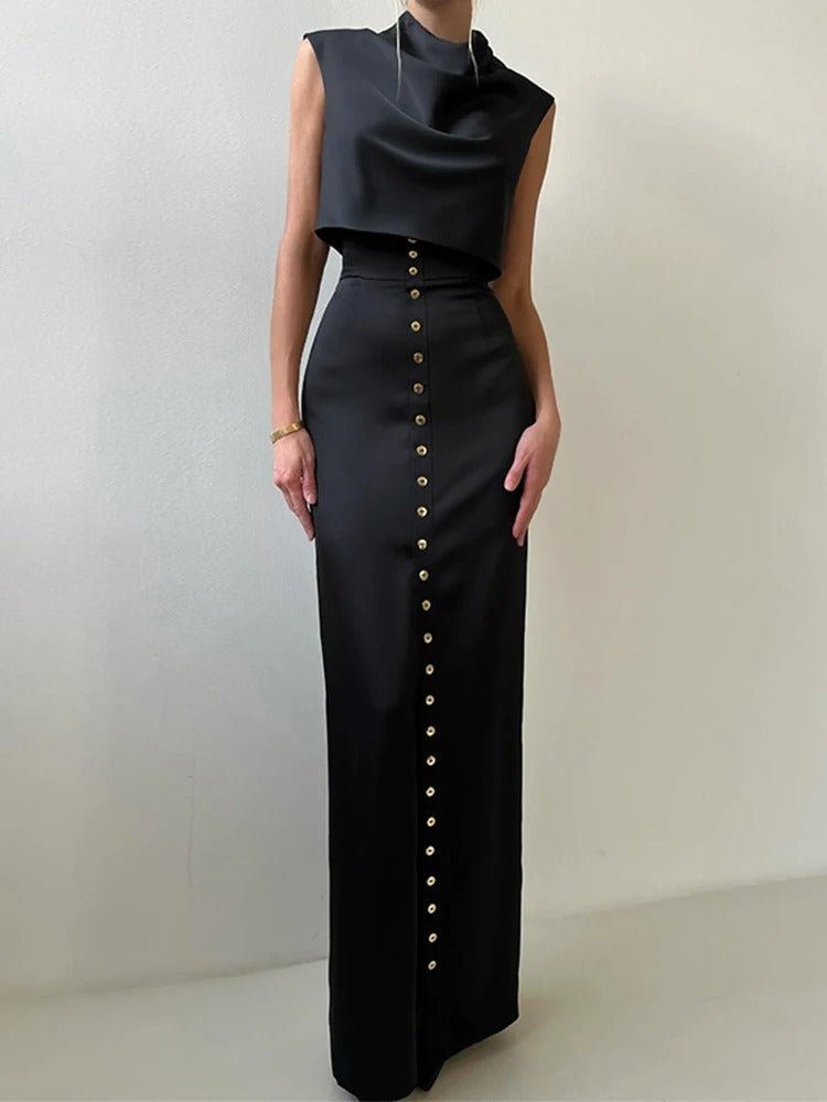 Women’s Sleeveless Two - Piece Set with High - Neck Top and Button - Front Maxi Skirt