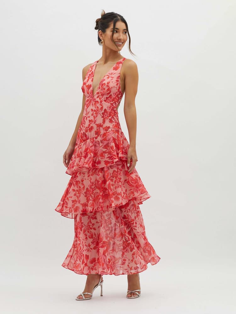 Women’s Sleeveless V - Neck Maxi Dress with Tiered Ruffle Skirt and Printed Pattern