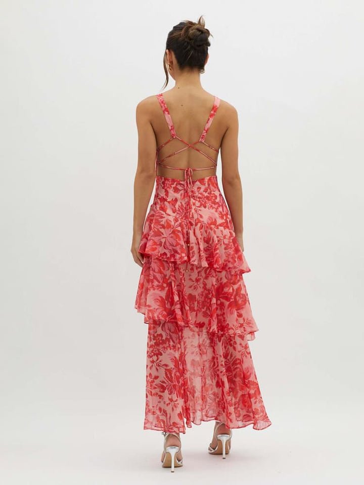 Women’s Sleeveless V - Neck Maxi Dress with Tiered Ruffle Skirt and Printed Pattern