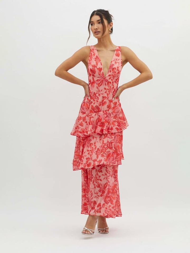 Women’s Sleeveless V - Neck Maxi Dress with Tiered Ruffle Skirt and Printed Pattern