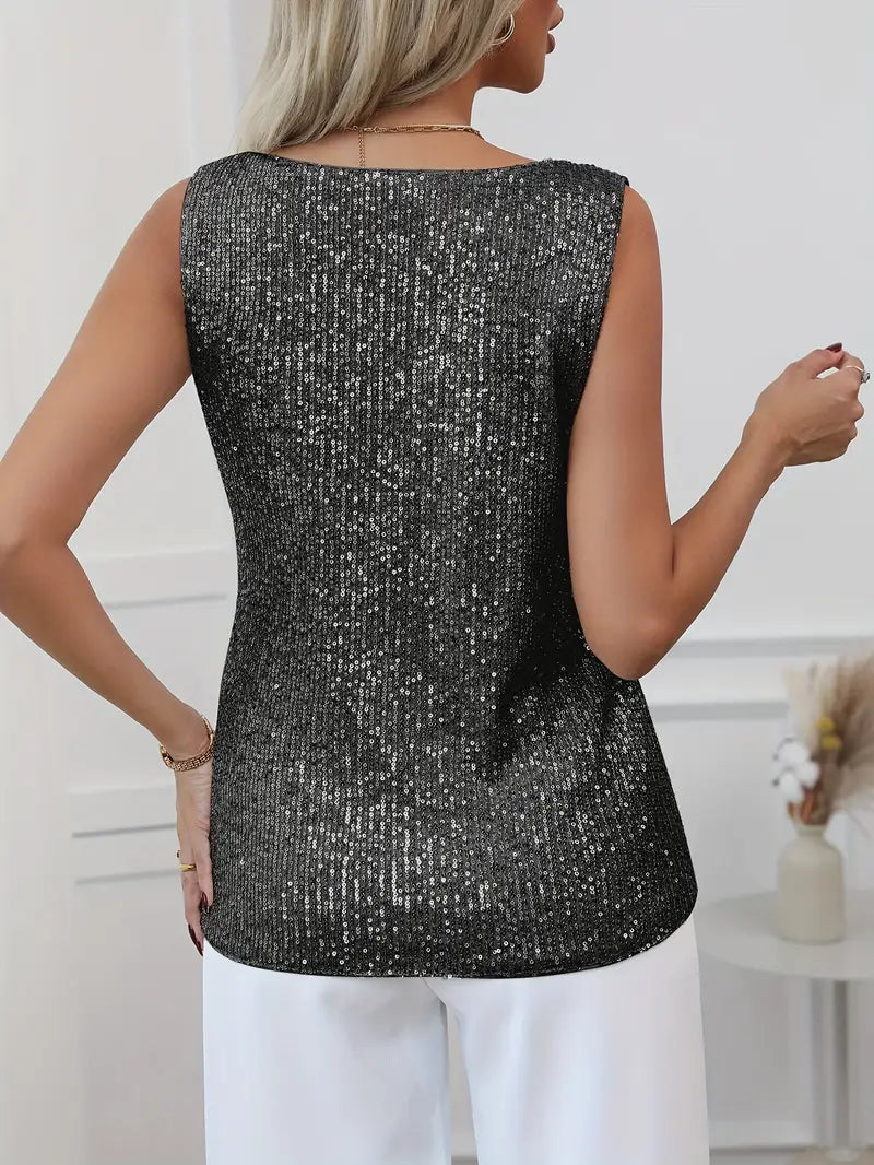 Women’s Sleeveless V - Neck Top with All - Over Sequin Detail