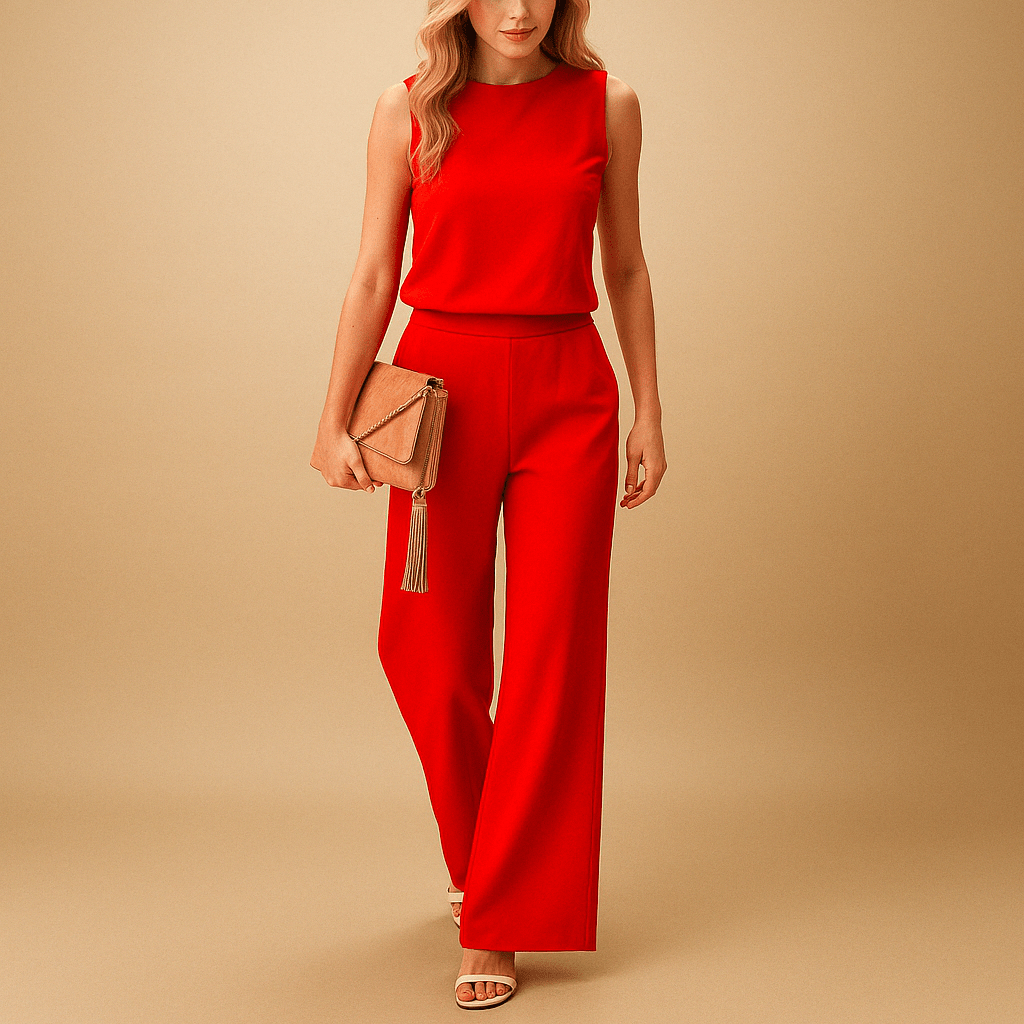 Women’s Sleeveless Wide Leg Jumpsuit with Round Neck and Mid - Waist Fit