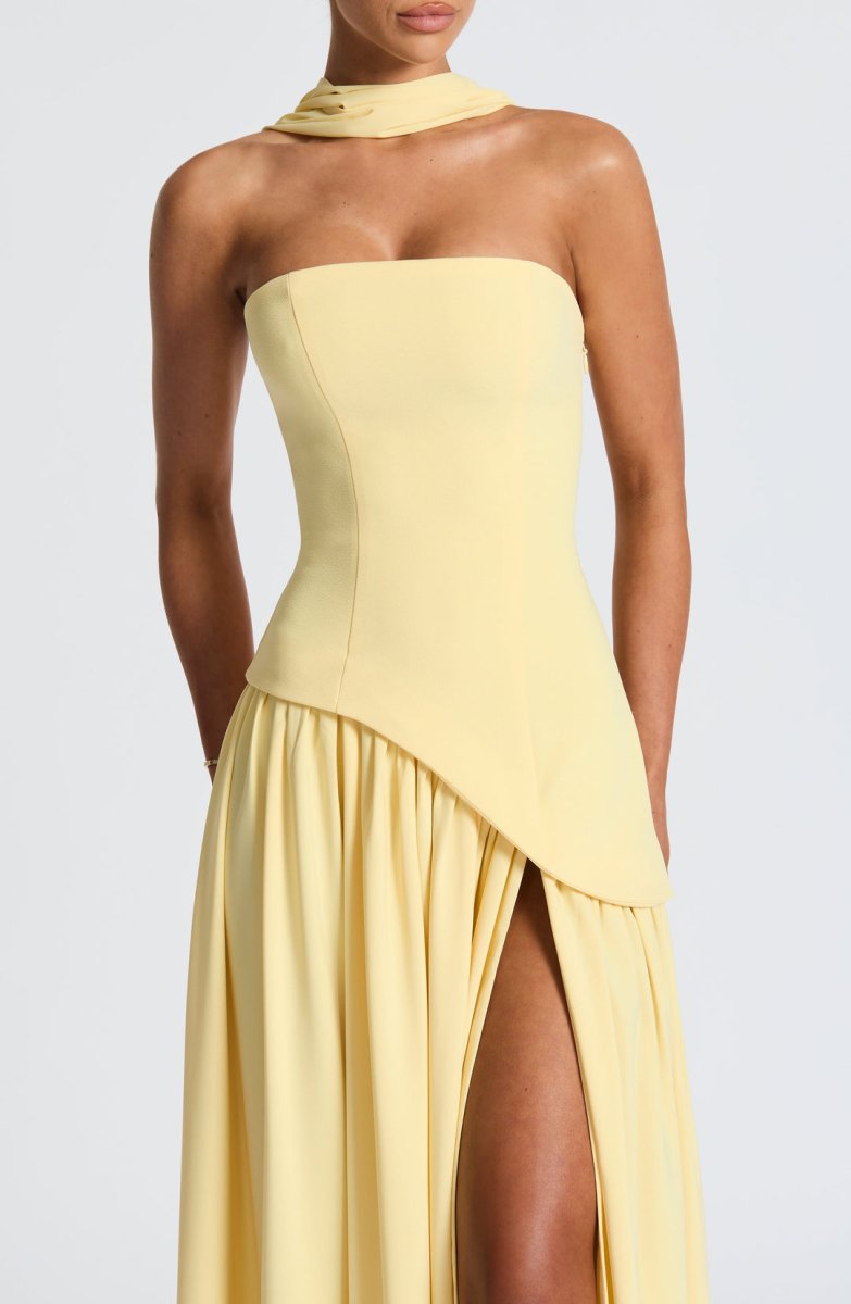 Women’s Strapless Maxi Dress with Asymmetric Waist Overlay, Neck Scarf Detail, and High Slit