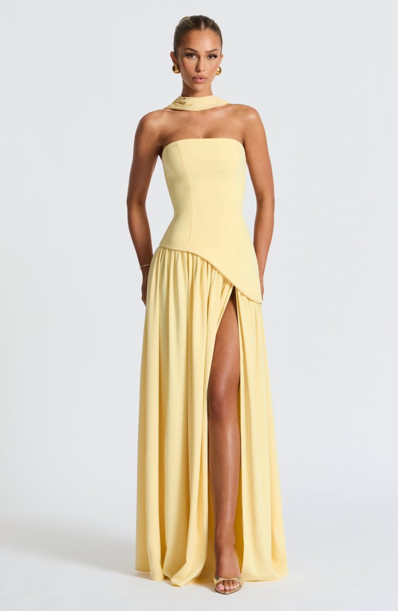Women’s Strapless Maxi Dress with Asymmetric Waist Overlay, Neck Scarf Detail, and High Slit