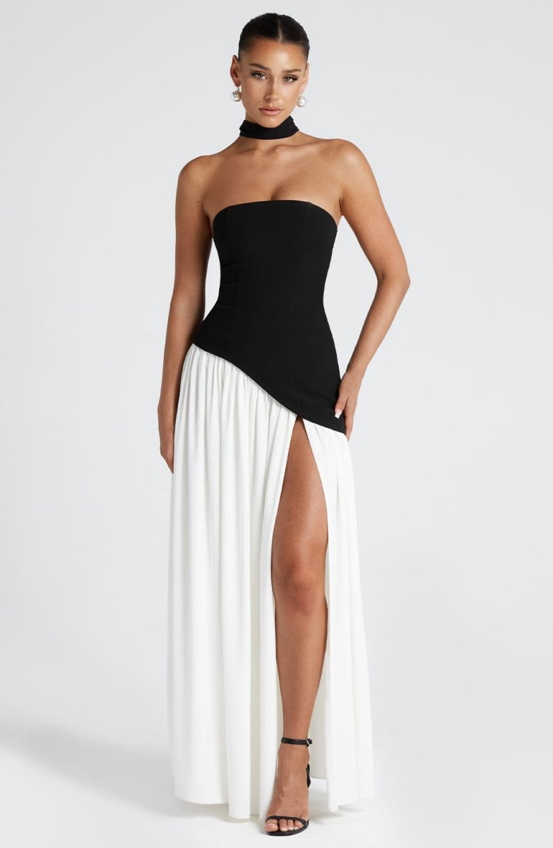 Women’s Strapless Maxi Dress with Asymmetric Waist Overlay, Neck Scarf Detail, and High Slit