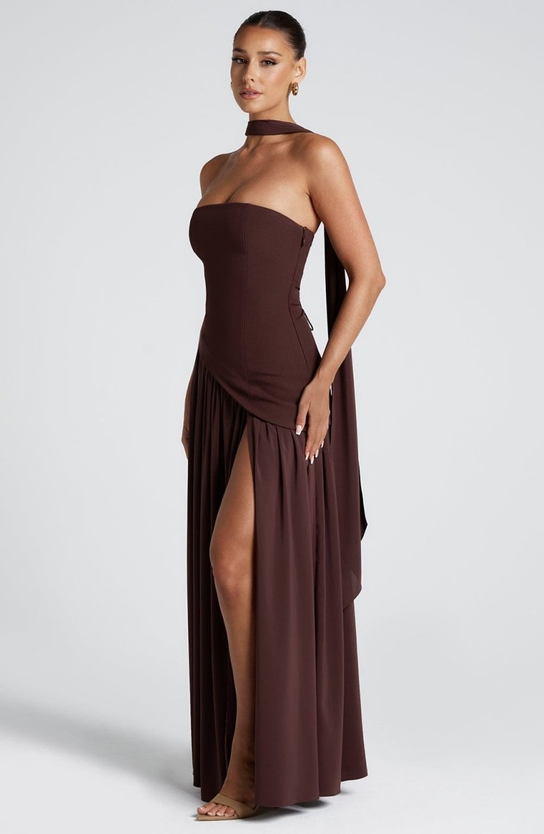 Women’s Strapless Maxi Dress with Asymmetric Waist Overlay, Neck Scarf Detail, and High Slit