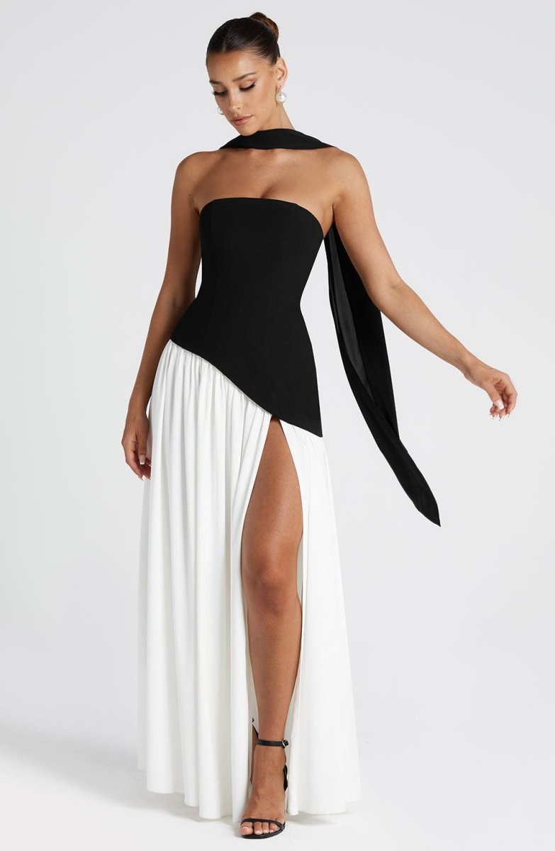 Women’s Strapless Maxi Dress with Asymmetric Waist Overlay, Neck Scarf Detail, and High Slit