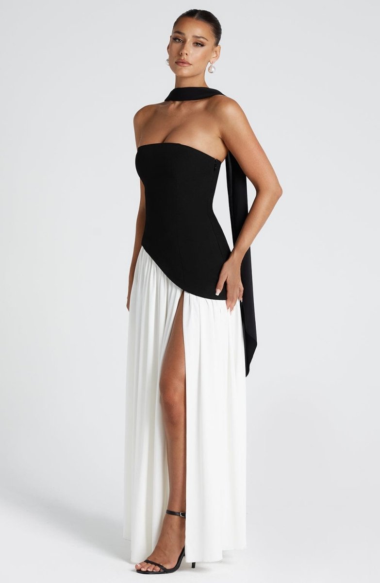Women’s Strapless Maxi Dress with Asymmetric Waist Overlay, Neck Scarf Detail, and High Slit