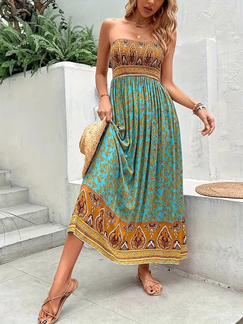 Women's Strapless Smocked Floral Paisley Print Maxi Dress