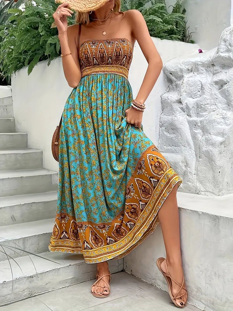 Women's Strapless Smocked Floral Paisley Print Maxi Dress