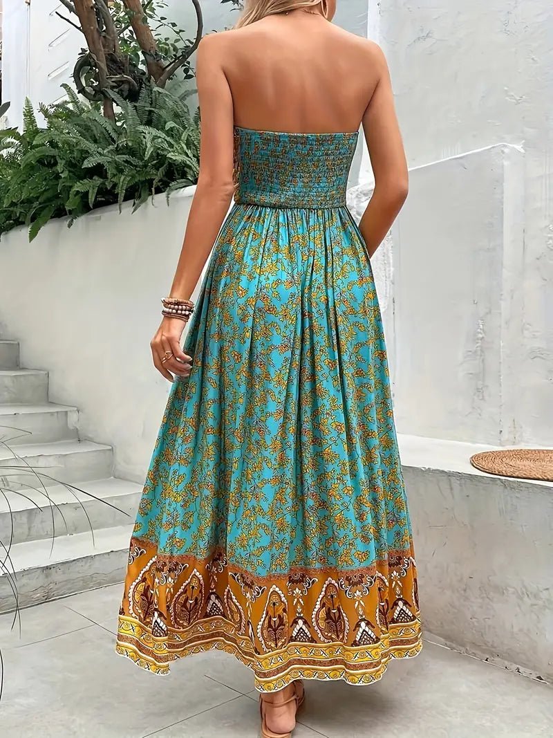 Women's Strapless Smocked Floral Paisley Print Maxi Dress