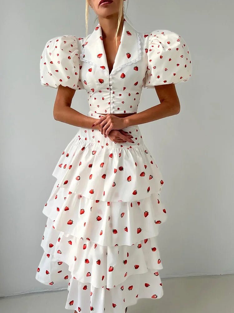 Women’s Strawberry Print Crop Top and Tiered Ruffle Skirt Two Piece Set