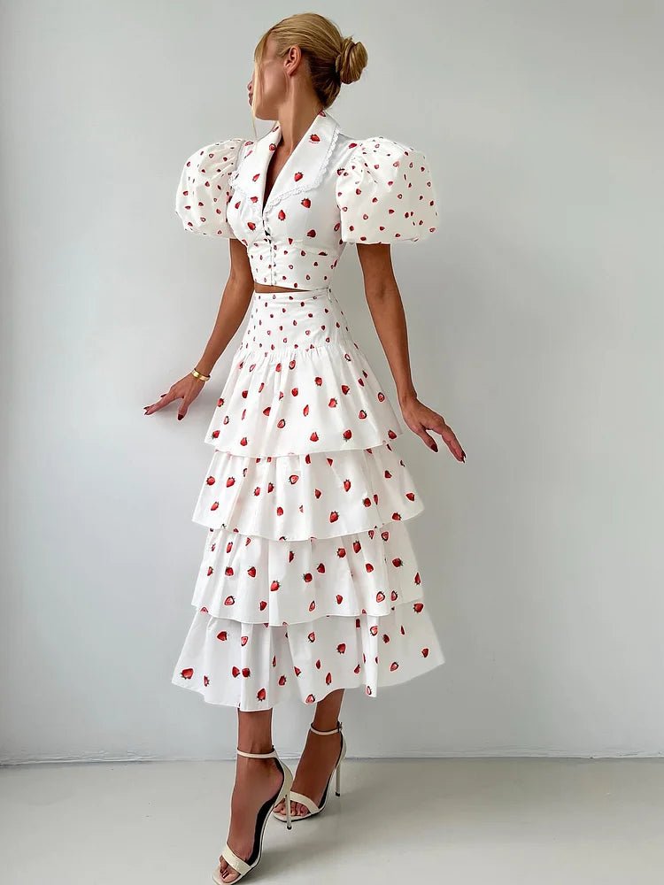 Women’s Strawberry Print Crop Top and Tiered Ruffle Skirt Two Piece Set